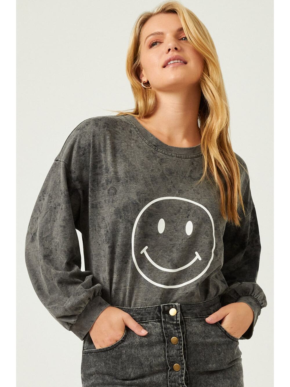 HAYDEN Sunni Smiley Face Oversized Black Wash Sweatshirt NEW Size Small